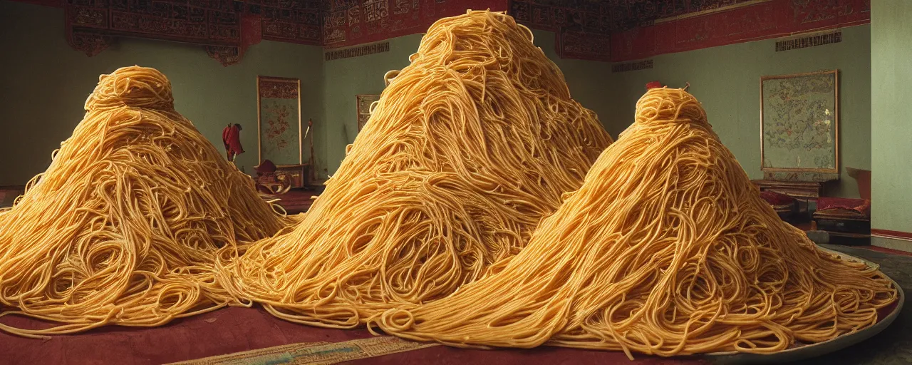 Prompt: the daming palace with a mound of spaghetti, tang dynasty, canon 2 8 mm, kodachrome, retro, in the style of wes anderson