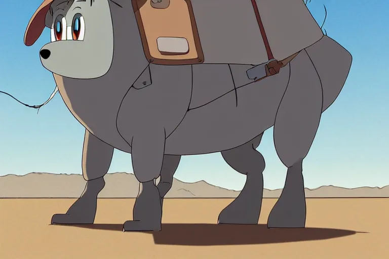 Prompt: a study of a cell shaded cartoon of a grey mechanized puppy from howl's moving castle ( 2 0 0 4 ), on a desert road, full body, wide shot, very muted colors, post grunge, studio ghibli, laurie greasley, highly detailed, deviantart, art by artgem