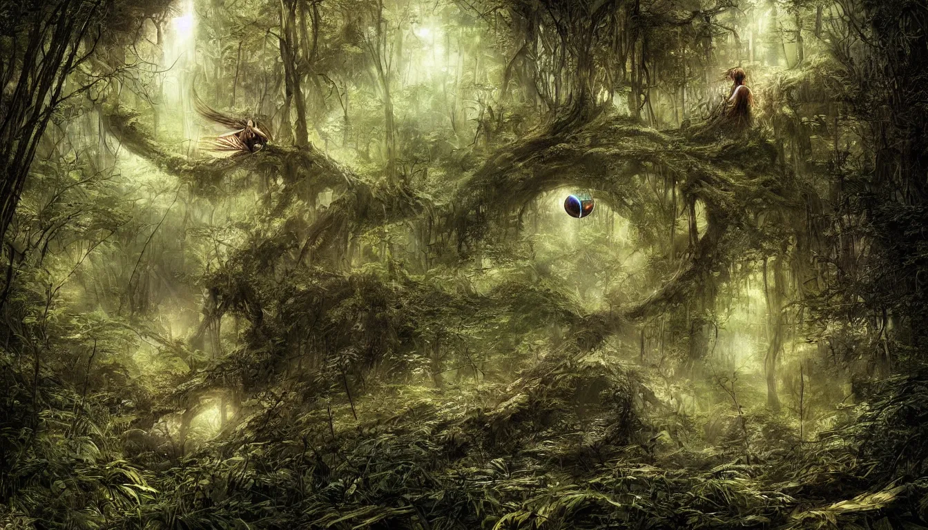 Image similar to a big eye floats above the ground in a dense forest, illustration by john taylor dismukes and dave lafleur, luis royo, smooth shading, ultra detailed, high resolution, cinematic, chrome art, rich deep colors, unreal 6