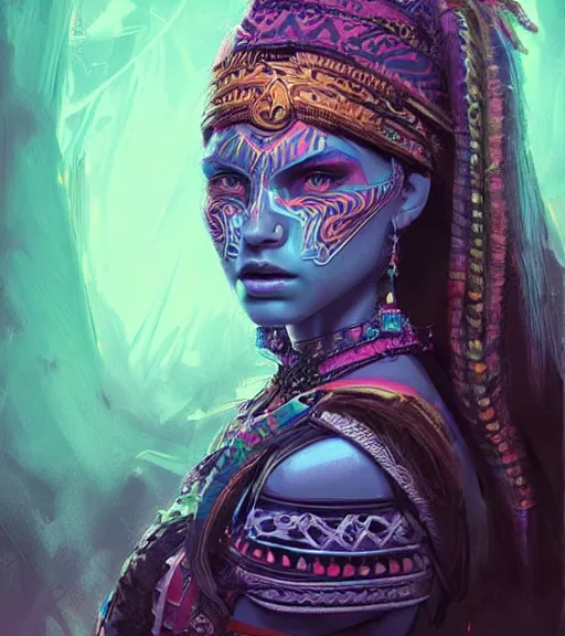 Prompt: beautiful intricate exquisite aztec princess realistic face, beautiful eyes, neon colors, drawing, in the style of greg rutkowski, fantasy, amazing detail, epic, intricate, elegant, smooth, sharp focus