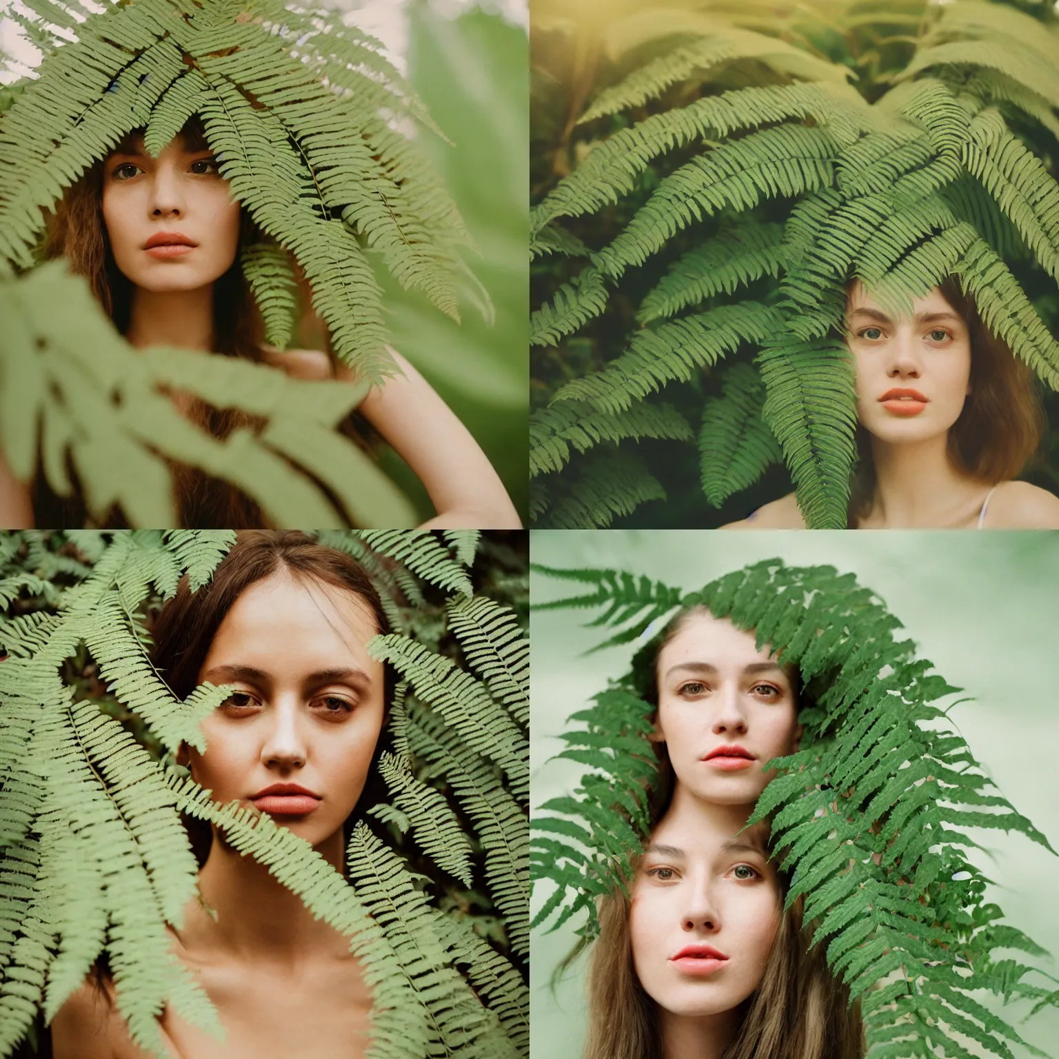 Prompt: An analog head and shoulder frontal face portrait photography of a woman behind multiple big fern leaves by Oleg Oprisco. Kodak Portra 800 film. Depth of field. whirl bokeh. Sunshine. Golden hour. detailed. hq. realistic. warm light. muted colors. Moody. Filmic. Dreamy. lens flare. Leica M9, f/1.2, symmetrical balance, in-frame