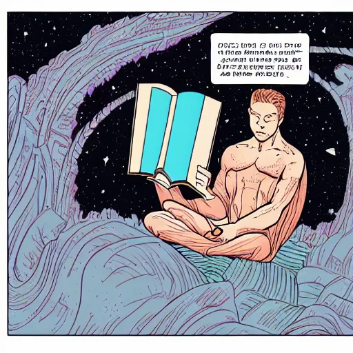 Prompt: A cosmic being reading books containing knowledge of the universe by Laurie Greasley