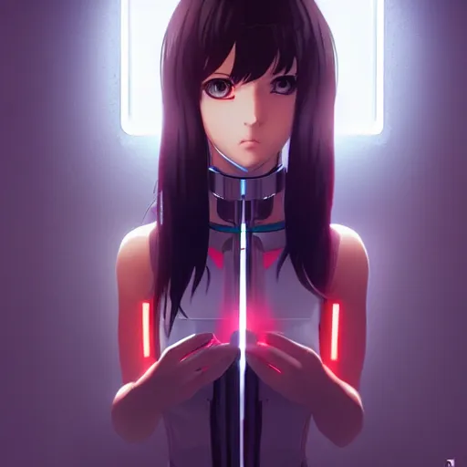 Prompt: digital anime, cyborg - girl looking into a mirror, reflections, wlop, ilya kuvshinov, artgerm