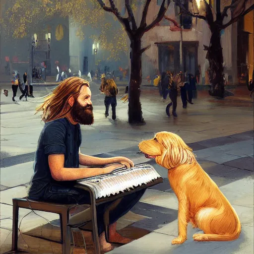 Image similar to oil painting of a young man with long hair blond and a beard hippie style with his golden retrever dog playing piano in the square for money, people watching around, by greg rutkowski, artstation