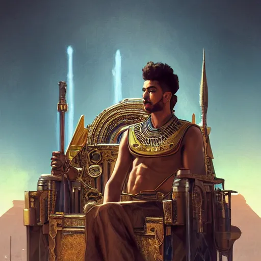 Image similar to portrait of a handsome egyptian prince on a steampunk throne of a desert city, headshot, highly detailed, digital painting, artstation, concept art, sharp focus, cinematic lighting, illustration, art by artgerm and greg rutkowski, alphonse mucha, cgsociety