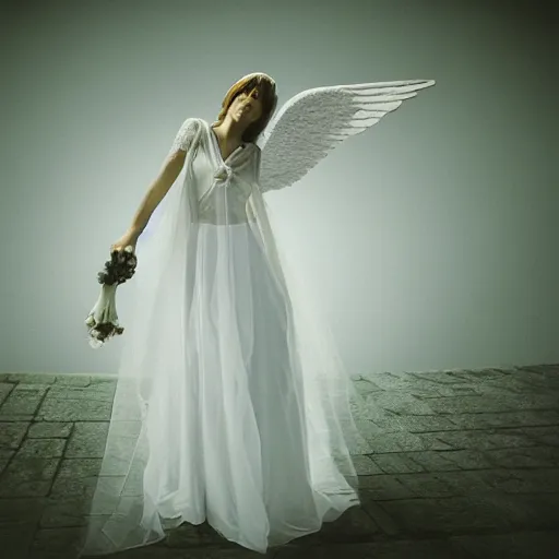 Image similar to realistic bride expired kodak film full body portrait of an angel performer,, hyperrealism, hypermaxiymalism, photorealistic, detailed, atmospheric, 8 k, award winning photography, cinematic