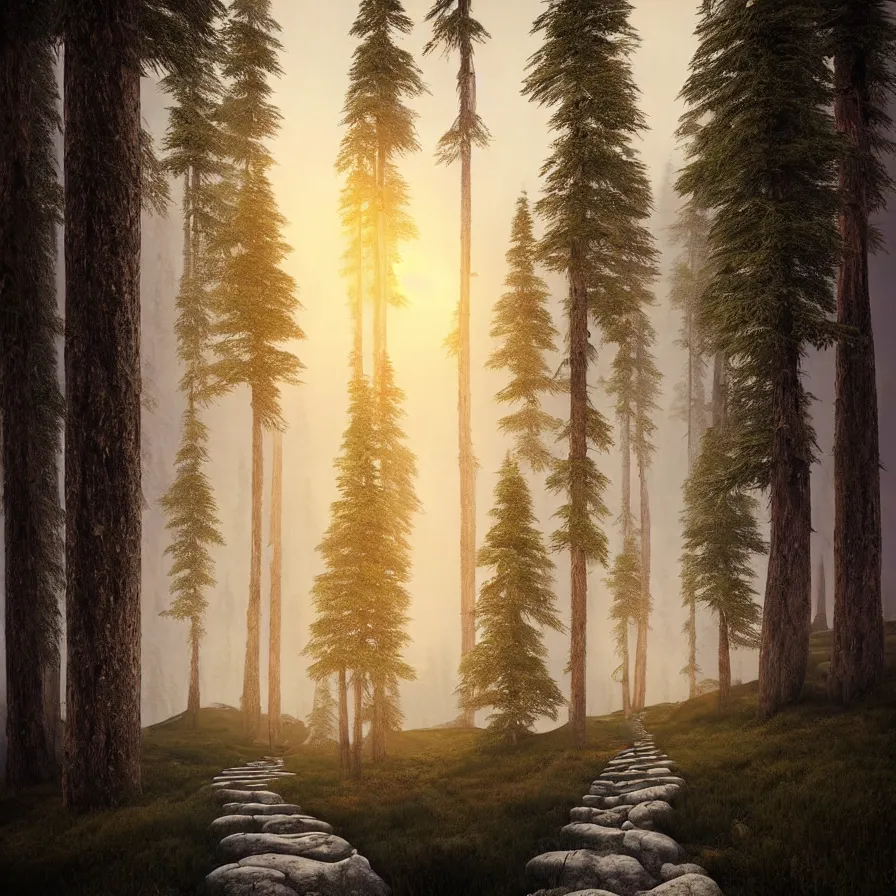 Image similar to fantastic abstract artwork of one natural path leading to the horizon through supernatural pines down skyhigh rocky mountains towards a majestic sunset over the ocean. atmospheric foggy landscape, appeasing tones, psychedelic, ultra realistic, concept art, modern art, photorealistic, octane render.