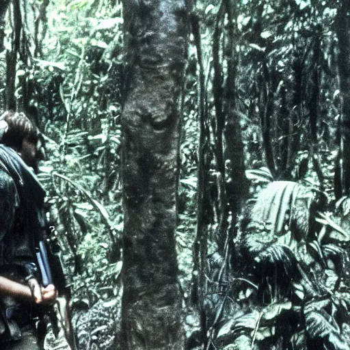 Image similar to film still, close up, portrait, emma watson soldier hiking through dense vietnam jungle, film still from apocalypse now ( 1 9 7 9 ), 2 6 mm, kodak ektachrome, blue tint ektachrome film,