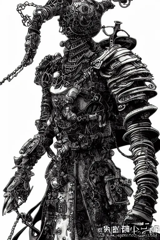 Prompt: a vertical portrait of a character in a scenic environment by Yoshitaka Amano and Nihei Tsutomu, black and white, dreamy, steampunk armor, highly detailed