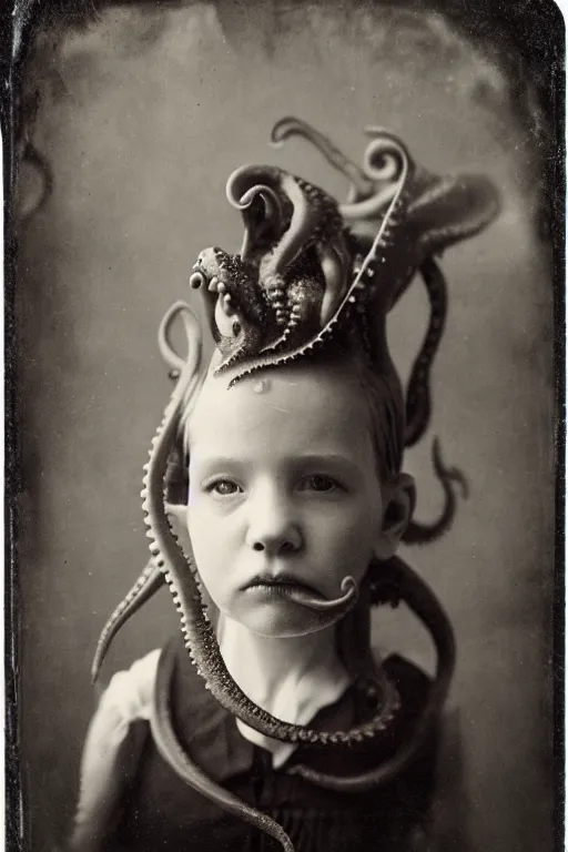 Image similar to wet plate photograph portrait of victorian octopus child with an octopus head, dressed in a victorian - era clothing, entire head is an octopus, dramatic lighting, highly detailed, smooth, sharp focus