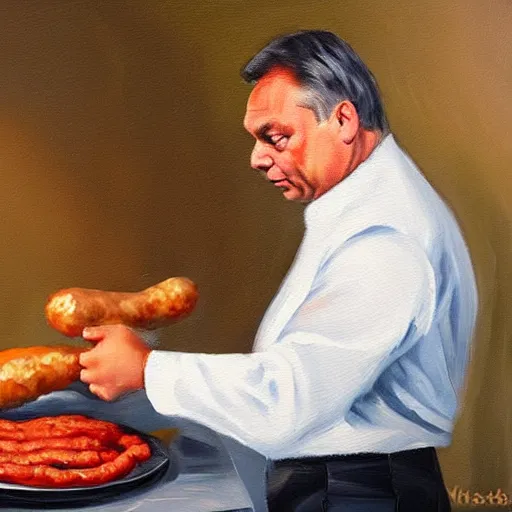 Image similar to viktor orban making sausage, oil painting