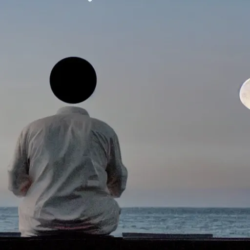 Prompt: back view of a sitting man wearing white robe playing piano in front of a giant moon rising from ocean