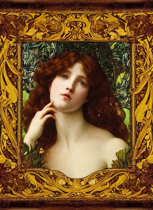 Image similar to masterpiece beautiful seductive flowing curves preraphaelite face portrait photography, extreme close up shot, straight bangs, thick set features, yellow ochre ornate medieval dress, laying amongst foliage mushroom forest circle arch, frederic leighton and kilian eng and rosetti, william morris and mucha, framed, 4 k