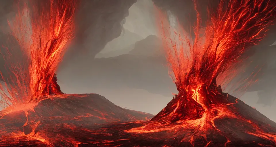 Prompt: a volcano made of ivory vines and crimson rocks enters in eruption, it spits a smoke in the shape of demonic eye, by Blizzard Concept Artists