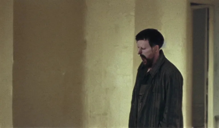 Image similar to Doug Walker crying in an empty room, film still, by Andrei Tarkovsky