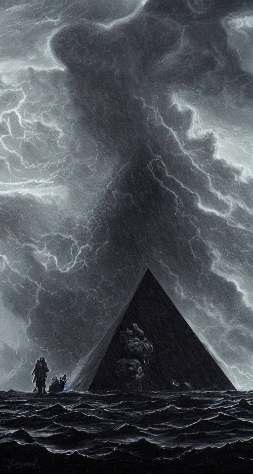 Image similar to black lovecraftian eldritch!! obsidian pyramid!! on a snowy island surrounded by raging stormy seas, with a large shadow of a creature in the background by eugene von guerard, ivan shishkin, night, red lightning!!, storm!, dramatic lighting, concept art, trending on artstation, 8 k