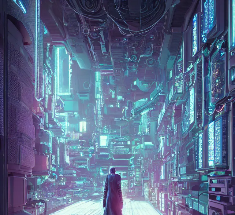 Image similar to hyperrealism stock photography of highly detailed stylish robot in cyberpunk sci - fi style by gragory crewdson and katsuhiro otomo, mike winkelmann with many details by josan gonzalez working at the highly detailed data center by mike winkelmann and laurie greasley hyperrealism stock photo on dsmc 3 system rendered in blender and octane render