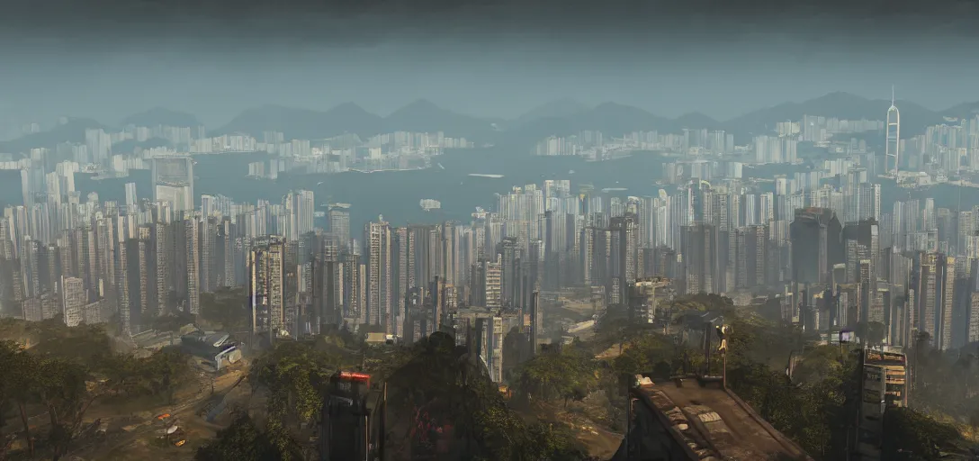 Prompt: Photo of Hong Kong Skyline in Fallout 4 Style, 8K, high quality, very detailed