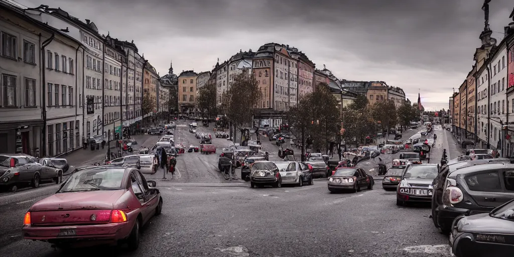 Image similar to Beautiful photo of Hordes of Zombies in Stockholm, Sweden, Intersection, Storefront, alleyway, city street lights, abandoned cars, smoke, convenience store, dusk sky, city street, zombies exiting store, zombies getting groceries, hilly road, Swedish writing, looking down street, smoke, wet road, wet street, very high quality photography, dusk.