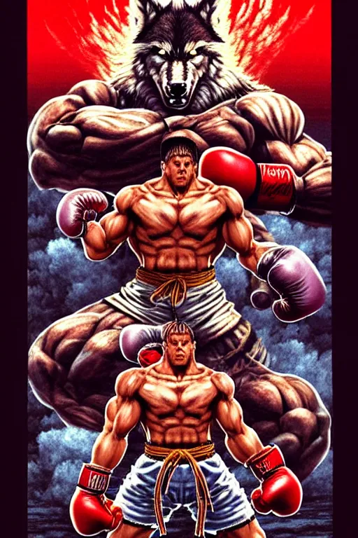 Image similar to extreme long shot. 8 bit nes graphics. antropomorphic muscular masculine wolf. kickboxer fighter, in shorts. wolf head. fine details, very sharp, art from nes game cartridge, 8 0's, vhs artefacts, vaporwave style, marc simonetti and hermann nitsch. streetfighter, contra