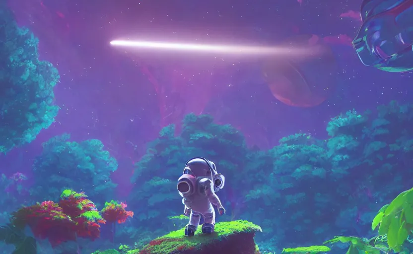 Image similar to a still of a cute adorable tiny astronaut, on a planet of lush colorful foliage, with an enormous kaiju dragon surrounding the full background, magical forest, sharp focus, neon backlit, highly detailed, disney pixar studio ghibli makoto shinkai, digital painting, matte, octane render, global illumination, iridescent, anime, 8 k concept art