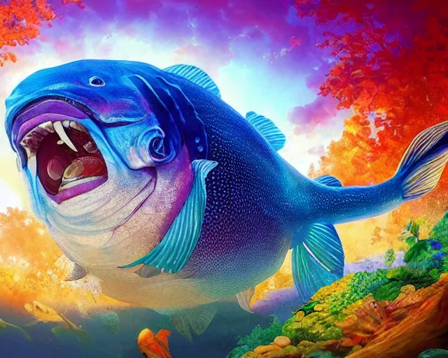 Image similar to of a very beautiful scene. ambient occlusion render. a sweet fat old woman is giving birth to a huge colorful fish. hyper realistic. 4 k. wide angle. wild. symmetrical face, red mouth, blue eyes. deep focus, lovely scene. ambient occlusion render. concept art. unreal engine.