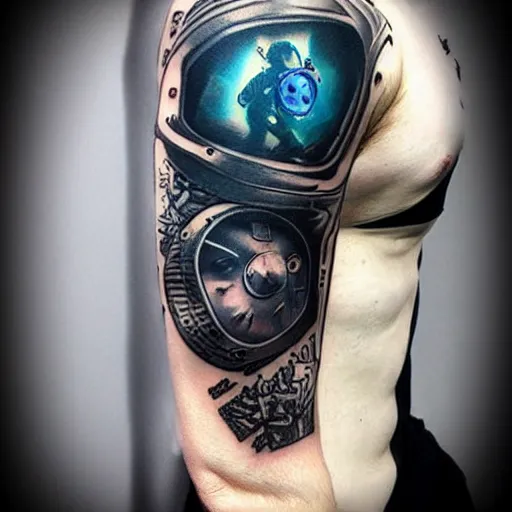 Prompt: cyberpunk underwater diver, black tattoo design, on white skin, by artgerm