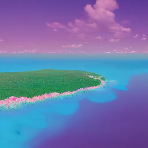 Prompt: a beautiful detailed 3d matte painting of flowerful island, peaceful cloud in blue sky, ocean , colourful energies in a brilliantly coloured, by beeple, Makoto Shinkai, and Nicolas Party, 8k resolution, Aerial Photography, Ultrawide lens