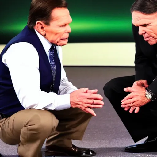 Prompt: kenneth copeland kneeling praying to meca