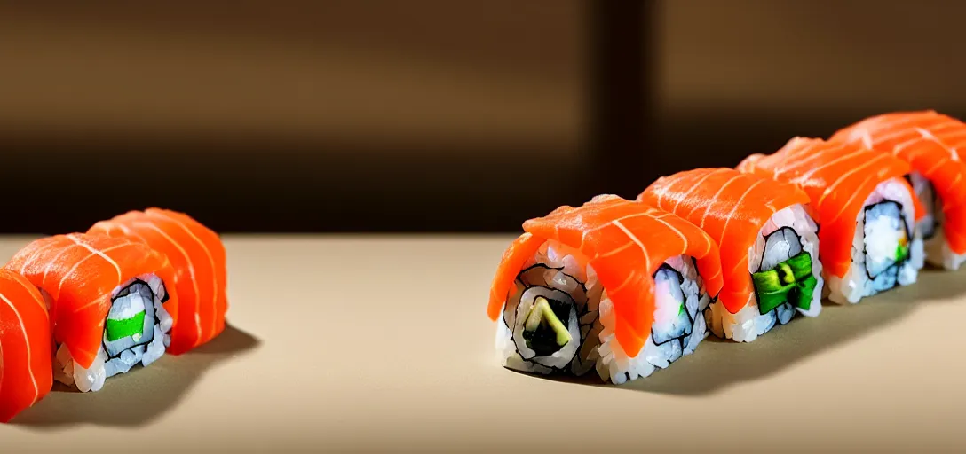 Prompt: a very high resolution image from a new movie. a dog house made of sushi. close up. 2 0 0 mm, dof, photorealistic, photography, directed by wes anderson