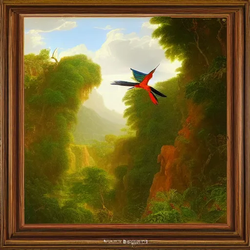 Prompt: gorgeous macaws flying at dawn in the distance through the forest, jungle mountains in the background, highly detailed, heavenly lighting, trending on art station, very detailed birds, painting by thomas cole