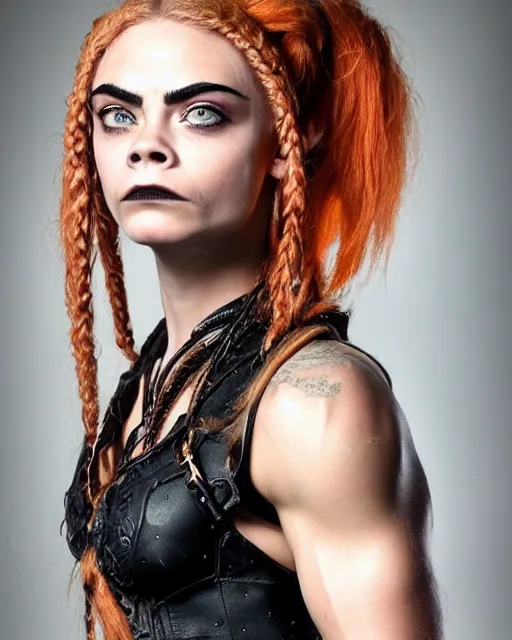 Prompt: fantasy character portrait photo. female dwarf. short, broad, extremely jacked physique. broad face resembles cara delevingne but very squat. wide face, androgynous but pretty. elaborately braided orangepink hair. long sidebuns, downy cheeks. thick bushy groomed red eyebrows with multiple piercings. tan leather vest, bare bodybuilder shoulders. kohl, lipgloss