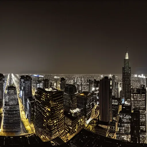 Prompt: ultra wide shot panorama 14mm lens of a nostalgic megalopolis, at night, detailled, 8K, architecture photography, city, skyline, starry sky, glass reflections, melancholy, lens flares, city lights, neons, raining, fog