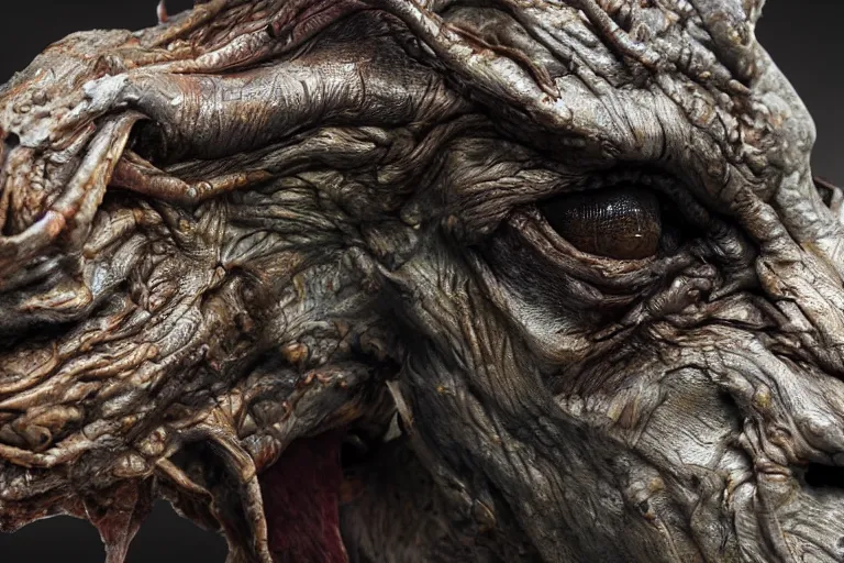 Image similar to photo taken of an epic intricate, ultra detailed, super realistic gritty, hero prop, exquisitely weathered animatronic movie prop of a lifelike sculpture of a nightmarish creature displayed in the workshop, created by weta workshop, full body shot, photorealistic, sharp focus