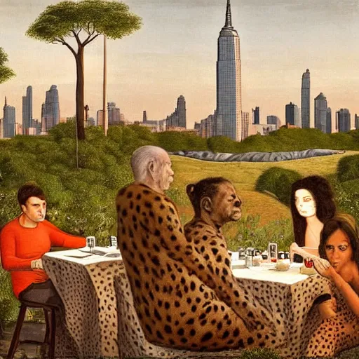 Image similar to The land art shows four people sitting in a diner late at night. The people in the land art look tired and lonely. The land art is set in New York City and shows the city's skyline in the background. cheetah print by Frederick Sandys, by Andreas Franke ghastly