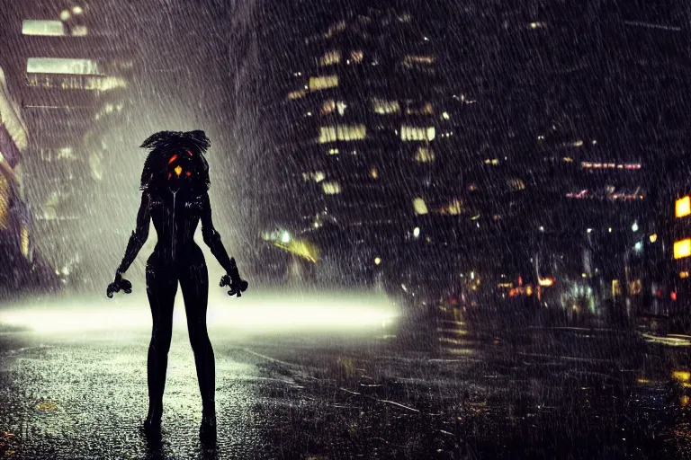 Prompt: vfx marvel sci-fi woman black super hero robot photo real full body action pose, city street cinematic lighting, rain and fog by Emmanuel Lubezki