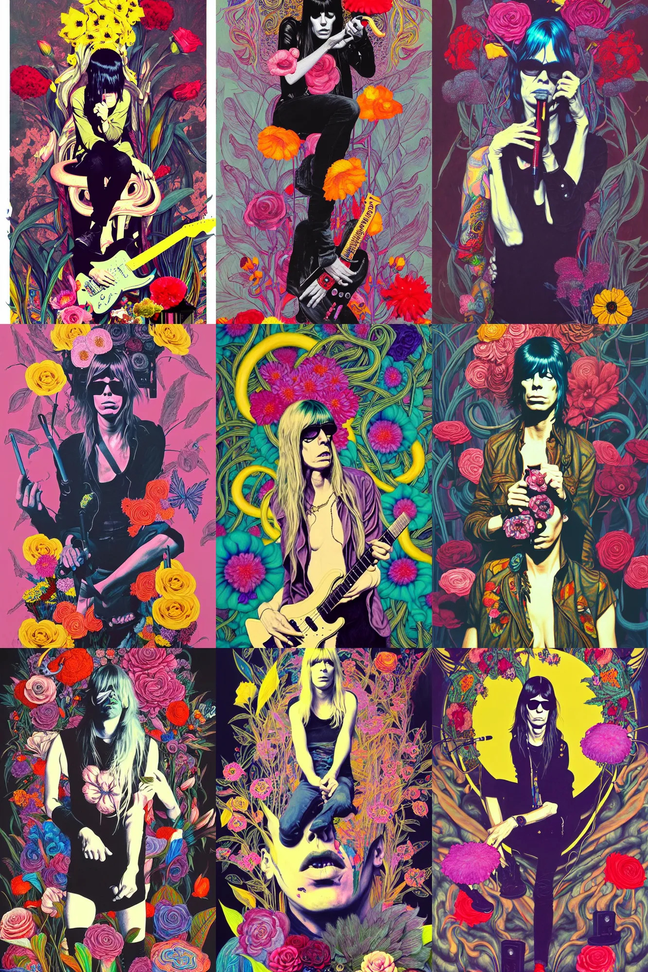Prompt: the velvet underground and nico playing live on stage, beautiful stage decoration with flowers in the background, painting by james jean, very detailed and colorful and ornamental and moody and relaxed and tasteful and laid back and relaxed and cool and high on drugs, trending on artstation, behance contest winner