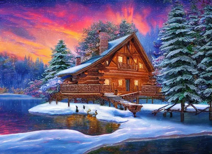 Prompt: beautiful cabin on a lake in the winter, 8 k, matte painting, in the style of artist, josephine wall