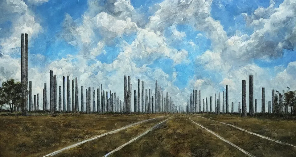 Image similar to world of only concrete, a flat endless plane of concrete covered in thin, very tall concrete pillars that go on to the horizon, vegetation retaking the world, open sky, blue sky with clouds, god rays, beautiful painting, oil on canvas, by Ewa Czarniecka, award winning masterpiece,