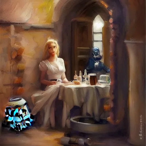 Image similar to stormtrooper and hot blonde drinking wine in a cellar, romantic, cozy, inviting, detailed, beautiful, atmospheric, impressionism, painting by vladimir volegov, inspired by ralph mcquarrie