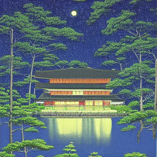 Image similar to painting by Hasui Kawase, atmospheric cozy futuristic organic white concrete house in the middle of a lush and dense forest at night, a beautiful lake next to it, night time, night sky, starry night sky, by Hasui Kawase