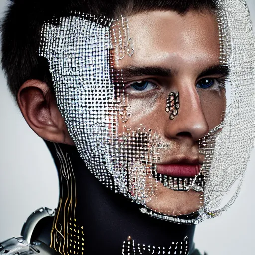 Image similar to a portrait of a beautiful young male wearing an alexander mcqueen armor made of computer circuits , photographed by andrew thomas huang, artistic