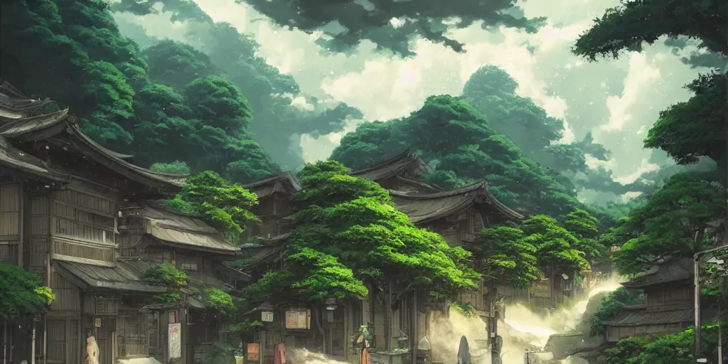 Image similar to An quaint japanese street with verdant mountains in the background, stormy day, god rays, in the style of Arcane, Greg Rutkowski and Studio Ghibli