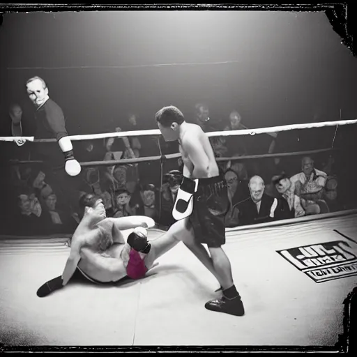 Prompt: Boxing knockout, vintage photo, award-winning photography