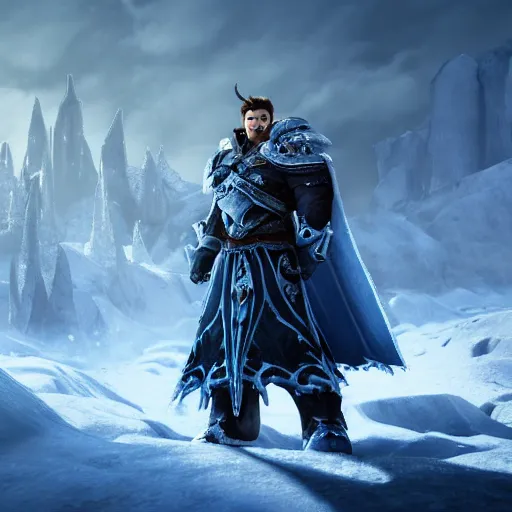 Image similar to 4 k unreal engine render of garen wearing frozen lich king's armor with frostmourne ultra details full body digital art