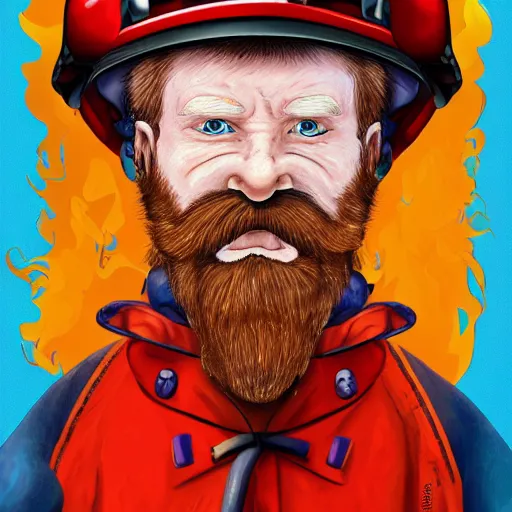 Prompt: An old man with a ginger beard wearing a fire fighters helmet, highly detailed, digital art, sharp focus, trending on art station, anime art style