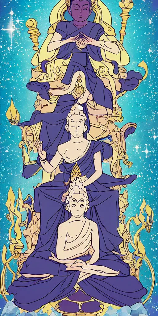 Image similar to buddha sitting on a throne of ice drawn by studio trigger, in the style of Little Witch Academia, spiritual enlightenment, tarot card