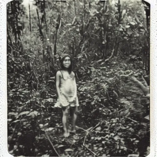 Image similar to an ancient evil-girl devouring the souls of the human kind on a mysterious Colombian jungle, mist, abandoned house, 1910 polaroid photography, grainy film, Black and white