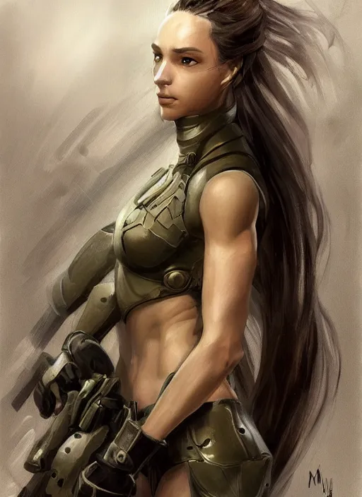 Prompt: a professionally painting of an attractive young female, partially dressed in military armor, olive skin, long dark hair, beautiful bone structure, perfectly proportioned, symmetrical facial features, intricate, elegant, heroic pose, digital painting, concept art, illustration, smooth, sharp focus, finely detailed, from Metal Gear, by Ruan Jia and Mandy Jurgens and William-Adolphe Bouguerea