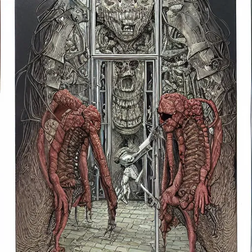 Image similar to opening a door to an impossible nightmare beyond comprehension, very very detailed painting by geof darrow and greg rutowski and hr giger